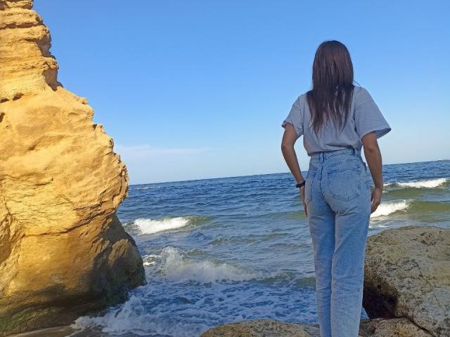 LauraLee69 with long brown hair, wearing a gray shirt and high-waisted blue jeans, standing on rocky beach, facing ocean, with large yellow rock on left.