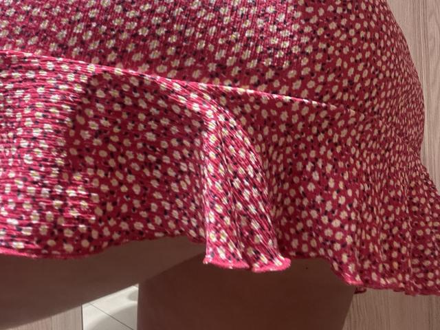 Barbarica's red and white floral skirt is lifted, showing her pink butt and a glimpse of white underwear. Skirt is slightly wrinkled, blowing in the breeze.