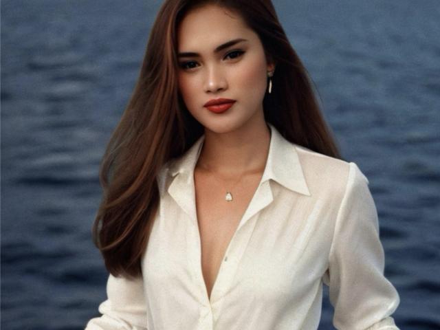 alwinamistress with long brown hair, wearing a white button-up shirt, red lipstick, and a small pendant, standing by blue water, looking straight ahead with a calm expression.