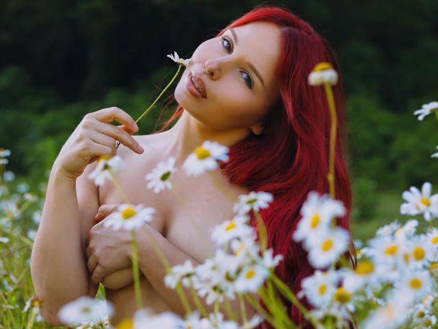 LinaHi with red hair, holding a daisy, covering her tits with her hands, surrounded by white daisies, looking seductively at the camera. Her lips are slightly parted.