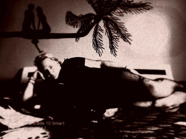 KleinerTeufel82-hot, lying on bed, shirtless, shadowed, with a pine branch silhouette above, arms behind head, looking at camera, in black-and-white, gritty style, showing bare ass.