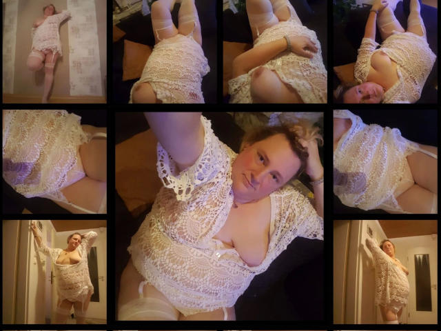 KleinerTeufel82-hot is wearing a white lace dress, exposing her tits and pussy, lying on a couch, taking selfies, showing her large ass, and posing in various angles.