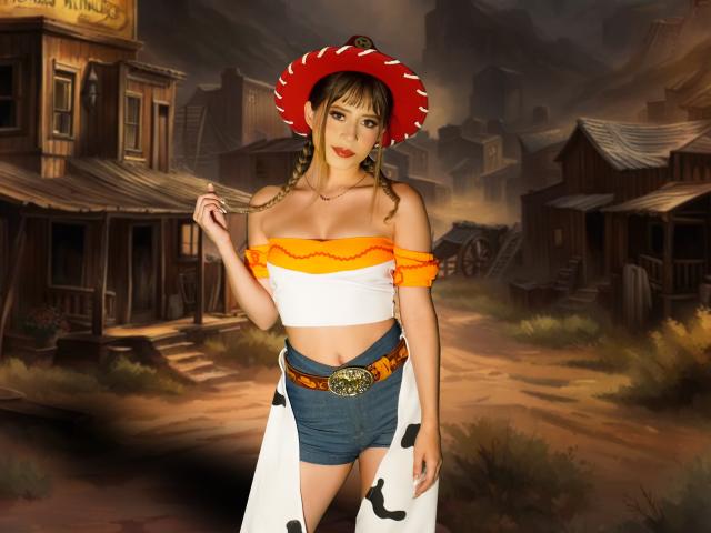 MadissonBlue in a cowboy hat with a red rim, orange off-shoulder top, white midriff, blue shorts, and cow print skirt, holding a straw, showing her tits.
