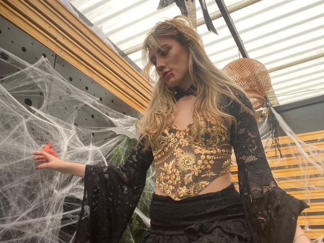 LivelyVanderWood has long blonde hair, wears a gold and black lace-up corset, black lace sleeves, and a black choker, standing near white spider webs, looking down.