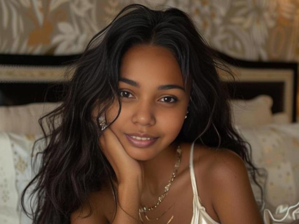 SweetyBees with dark wavy hair, brown skin, and pretty face, wearing a white tank top, touching her chin, smiling, and wearing a necklace in a cozy bedroom.