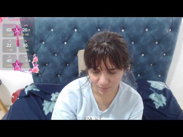 IsaFW has dark brown hair, a light blue shirt, and a tired expression, sitting on a bed with a tufted blue headboard. Her ass is partially visible.