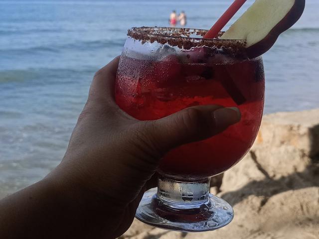DianaAme's hand holds a red cocktail with a sugar rim, lemon slice, and red straw, droplets on the glass, against a beach background with blue water.
