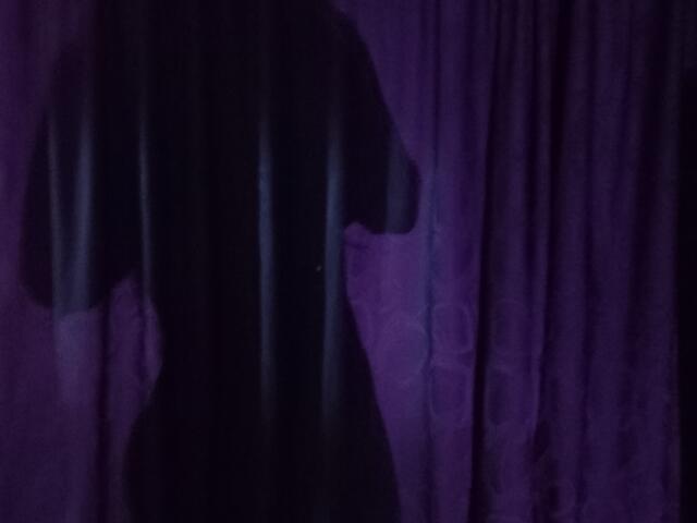 Silhouette of SteffanyTaylor with a dark, shadowy outline standing against purple curtains, showing a profile view of her raised arm and side boob.