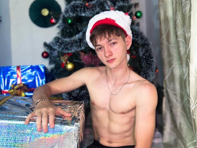 shirtless JakeDavins with a red Santa hat, slim build, small nipples, hand on shiny gift, Christmas tree in background, brown hair, subtle smile, silver necklace, white curtains.
