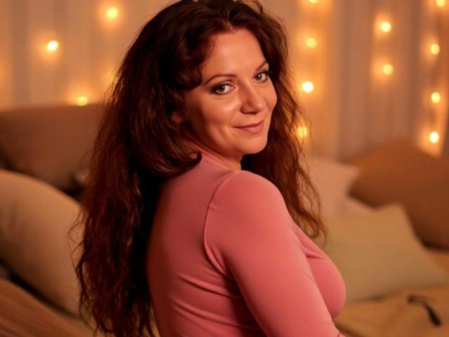 Delight-Alice with wavy brown hair, pink top, smiling at camera, showing her tits, warm light from string of lights in background, sitting on bed with pillows.