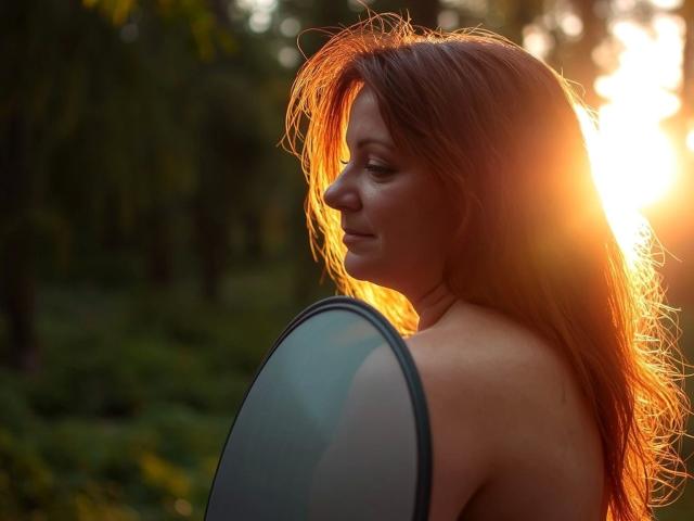 Delight-Alice with long red hair, sunlit from behind, looking down with a soft smile, wearing a strapless top, forest background, golden hour, her tits slightly visible.