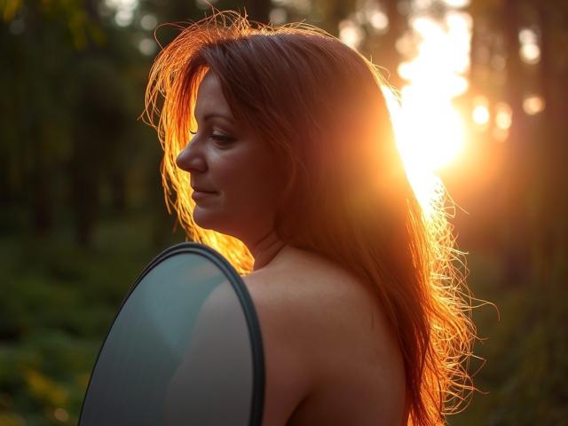AliceXPerfect with long red hair, sunlit from behind, holding a mirror, showing her bare back and soft smile, looking to the side, in a forest at sunset.