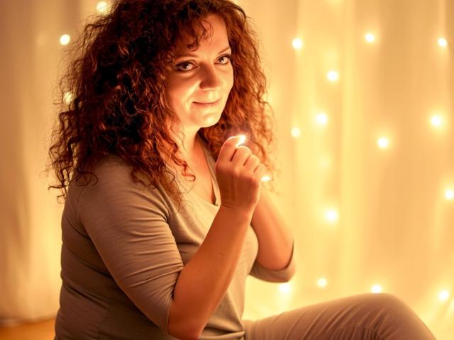 AliceXPerfect with curly red hair, wearing a gray top, holding a lit candle, smiling softly, in a warmly lit room with glowing fairy lights in the background.