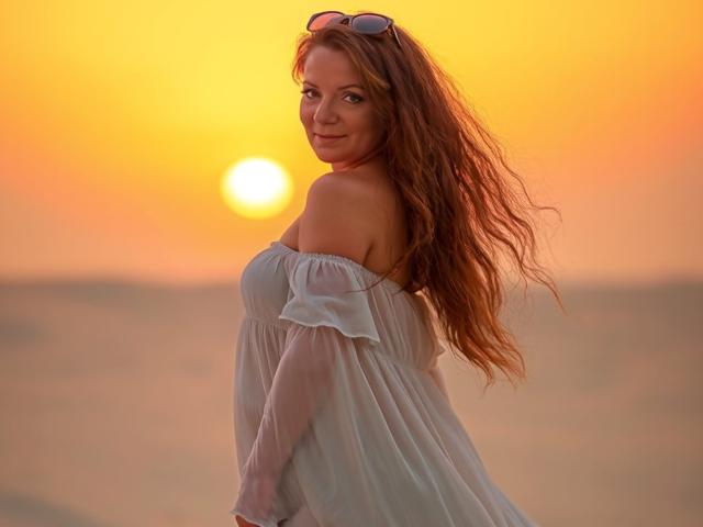 AliceXPerfect with long red hair, off-shoulder white dress, small tits, and sunglasses on head, smiling at sunset, standing by the ocean, orange sky, sun in background.
