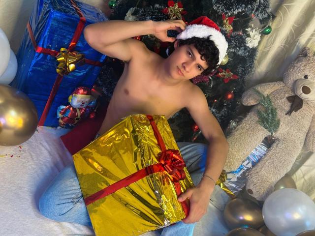 Shirtless SamuelHills with curly brown hair, wearing a Santa hat, sits on blue jeans, holding a gold gift bag, surrounded by Christmas decorations and a large stuffed teddy.