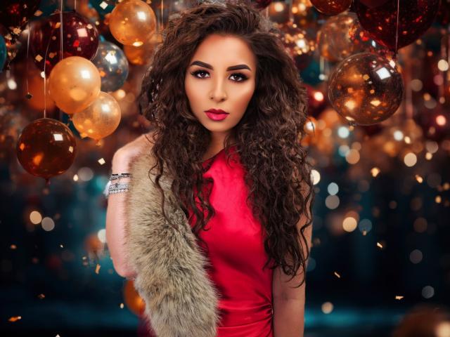 KayaOcean with curly brown hair, red dress, and furry sleeve, looking at the camera with pink lipstick, surrounded by hanging gold and silver balloons. Boobs are not visible.