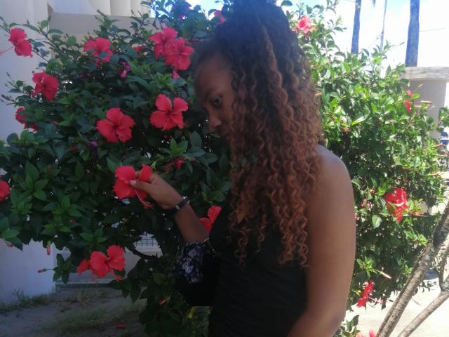 Edrwina69 with curly brown hair, black strapless top, holding red hibiscus flower, standing in front of green hibiscus bush, sunlight, black lace bag, wrist bracelet.