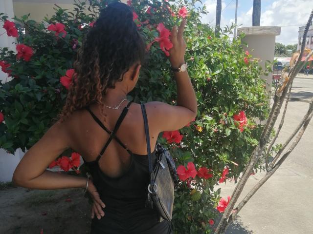 Edrwina69 with curly brown hair, back to camera, in black dress, touching red hibiscus flowers, wearing silver necklace, black cross-strap top, and black bag, standing on sidewalk.