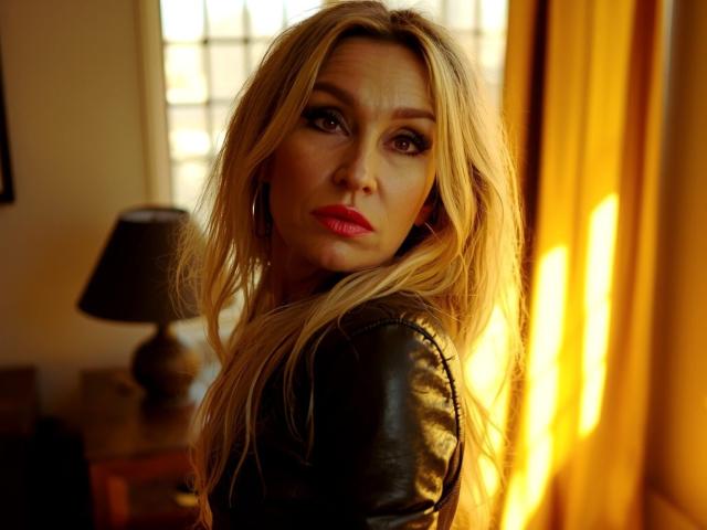 StarCrystal with long blonde hair, red lipstick, and black leather jacket, looking over her shoulder with a serious expression, sunlight casting a warm glow.