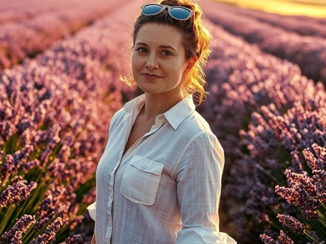 FlirtYolivia with medium tits, wearing a white button-up shirt and blue sunglasses on her head, standing in a lavender field at sunset.