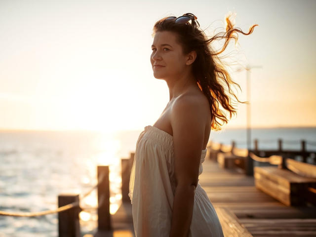 FlirtYolivia with wavy brown hair, white strapless dress, sunlit, standing on wooden pier, holding sunglasses, backlit by sunset, calm ocean in background.