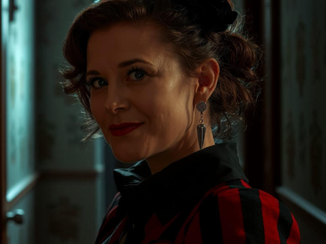 FlirtYolivia is holding a stack of five red, white, and brown letter-style emblems. The emblems are flat with simple, clean lines and subtle shading.