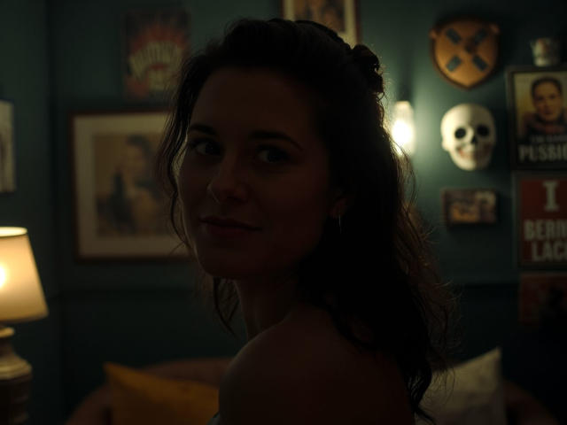 FlirtYolivia with dark wavy hair, subtle smile, dimly lit face, and visible shoulders, wearing a strap, in a moody, dark room with soft light and wall decorations.