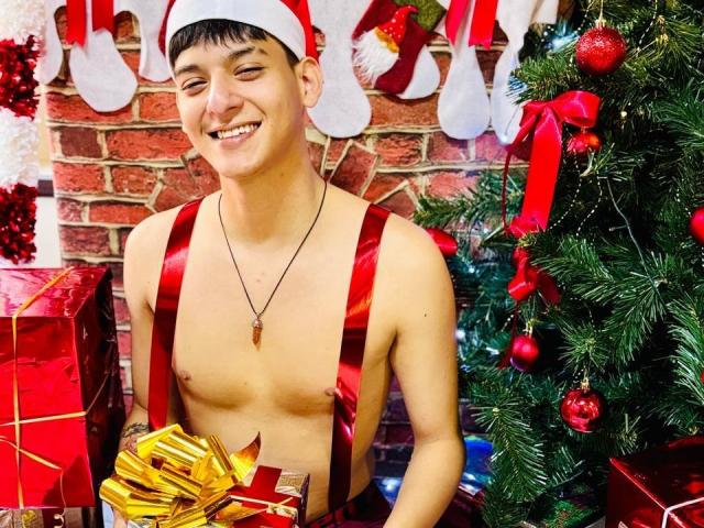 LucianMael, shirtless with red suspenders, wearing a Santa hat, holding a golden-wrapped gift, smiling, standing in front of a decorated Christmas tree with red ornaments and ribbons.