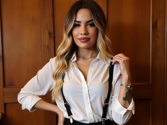 ZoeyMarie has long, wavy blonde hair, wearing a white button-up shirt with black suspenders, showing her small tits and a tattoo on her right wrist, smiling.