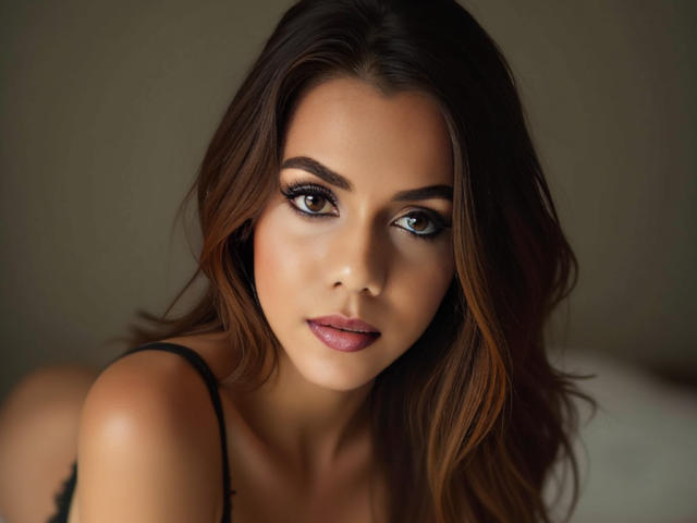 HelenaGonzales has dark brown eyes, full pink lips, and wavy brown hair. She's wearing a black strap, looking directly at the camera with a slightly parted mouth.