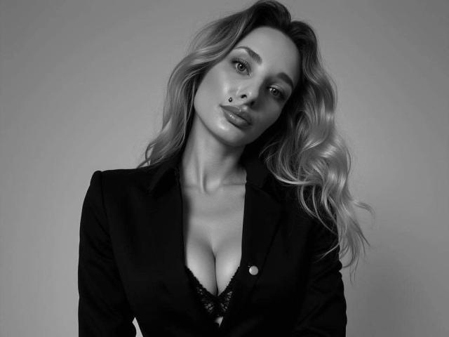 MarilynPretty a les cheveux blonds ondulés, des lèvres pulpeuses, et porte un blazer noir avec un soutien-gorge en dentelle qui laisse entrevoir ses seins. Elle regarde l'appareil photo avec une légère inclinaison..
