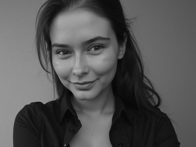 Black-and-white photo of CelineFantasy with long dark hair, slight smile, and buttoned shirt, showing her smooth tits and cute face, looking directly at the camera.