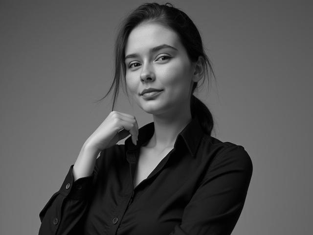 Black-and-white photo of CelineFantasy with a smug expression, dark button-up shirt, and ponytail, lightly touching her chin with her right hand, showing subtle makeup and smooth skin.