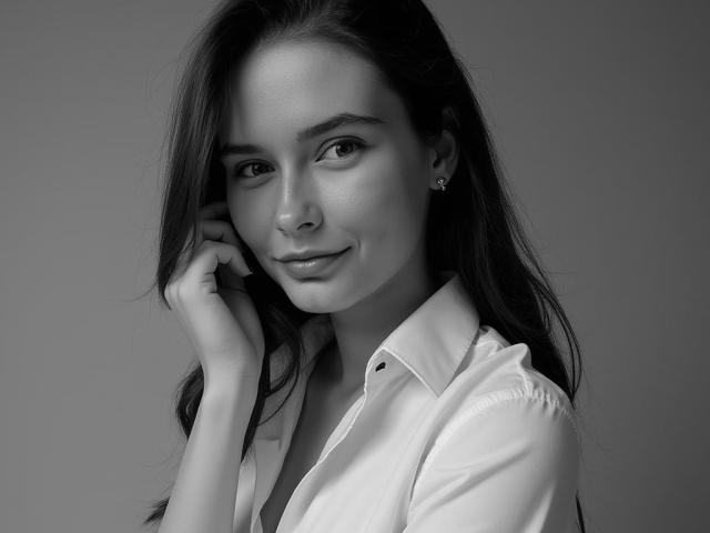 Black-and-white photo of CelineFantasy with long dark hair, wearing a white button-up shirt, hand near ear, subtle smile, small earrings, and smooth skin, looking at camera.