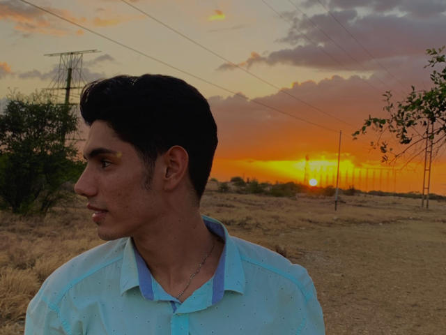 FabrizzioHot with short dark hair, wearing a light blue shirt, looking to the side, sunset in background, orange sky, power lines, dry grass, and trees on the right.