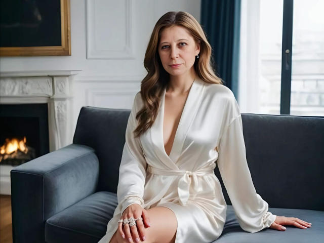 GrannyPlay with long brown hair, white satin robe, and visible cleavage, sitting on a gray sofa, wearing multiple rings, looking slightly annoyed, in a well-lit room.