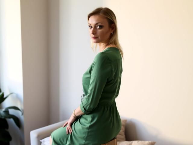 XLovelyVanessa with blonde hair, green dress, and subtle makeup, sitting on a chair, looking over her shoulder, showcasing her ass. Soft light, minimal background.