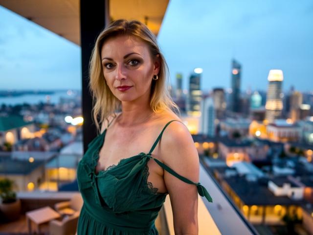 XLovelyVanessa with blonde hair, green dress, and red lipstick, standing on a balcony at dusk, city lights in the background, showing her tits and a subtle smile.