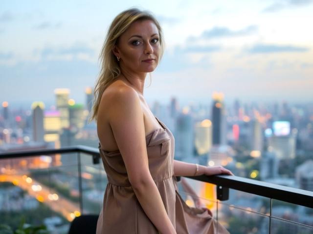 XLovelyVanessa with blonde hair, wearing a strapless brown dress, standing on a balcony, looking back, her hands on the railing, city lights in the background, evening sky.