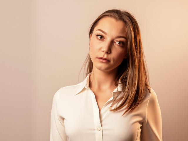 LovelyxEmilly with medium tits, wearing a white button-up shirt, has light brown hair, and a neutral expression, standing against a softly lit background.