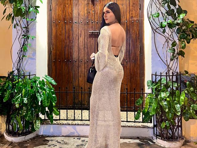 FallonRogers in a sparkling, backless, silver dress, showing her ass, with long black hair, holding a black bag, standing in front of a wooden door with plants.