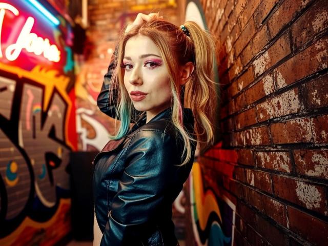 HeartHeidi, avec ses couettes blondes, portant une veste en cuir vert, debout contre un mur de briques, regardant par-dessus son épaule avec du fard à paupières rose et une expression confiante et séduisante..