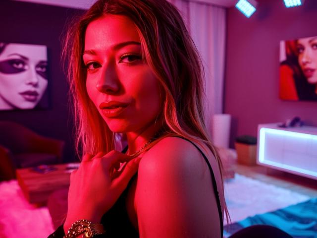 HeartHeidi with red-pink lighting, long blonde hair, dark tank top, hand on chest, serious expression, subtle makeup, gold bracelet, soft bedroom background, white curtains, modern art.