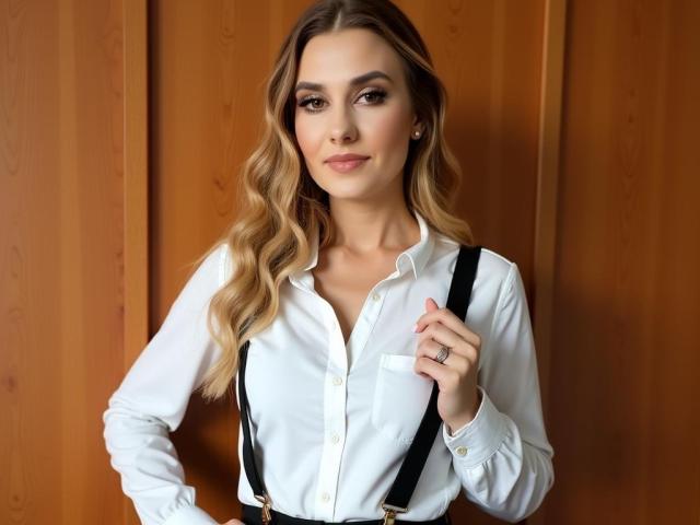 CyntiaLips with wavy blonde hair, white button-up shirt, black suspenders, and a ring on her right hand, standing confidently with a slight smile, showing her tits.