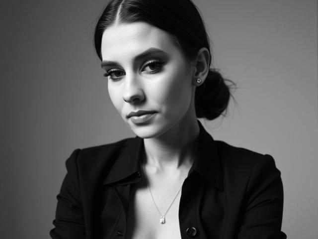 CyntiaLips has dark hair in a bun, wearing a black jacket, and a small necklace with a pendant. Her eyes are slightly down, and her tits are partially visible.