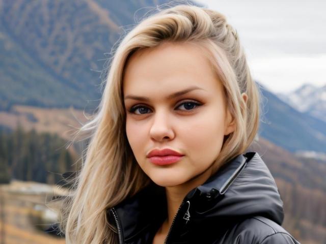 MelissaCats has blonde hair, blue eyes, and pink lipstick. She's wearing a black leather jacket. Her tits are small and she's looking straight at the camera.