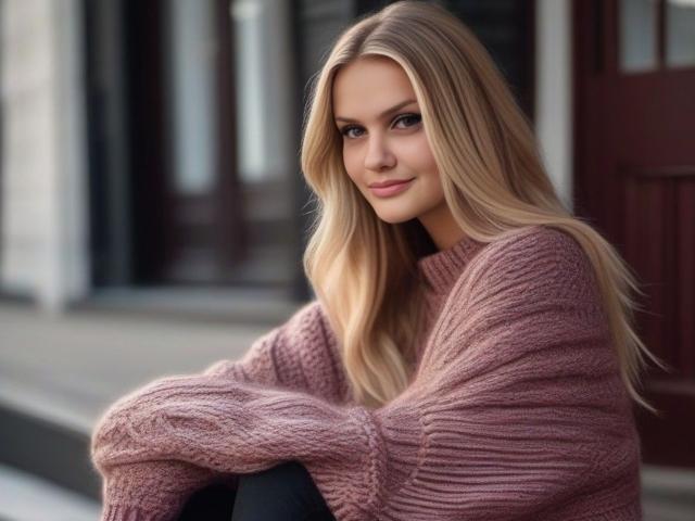 MelissaCats has long blonde hair, wearing a pink, knitted sweater, with black pants, sitting outside, smiling softly, looking at the camera, with blue eyes.