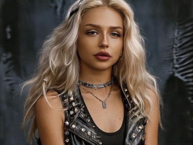 BlueCherry-hot with platinum blonde hair, wearing a black leather vest with studs, a choker, and a tank top, has full lips and a serious expression.