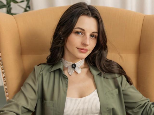 VickiGina has wavy brown hair, green eyes, and a subtle smile. She's wearing a green shirt over a white tank top, with a lace choker. She's sitting in a tan chair.