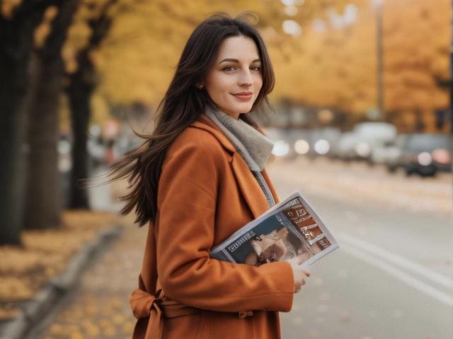 VickiGina with long brown hair, wearing an orange coat and gray scarf, holding a magazine, standing on a leafy street in autumn. Her tits are small, she's smiling.